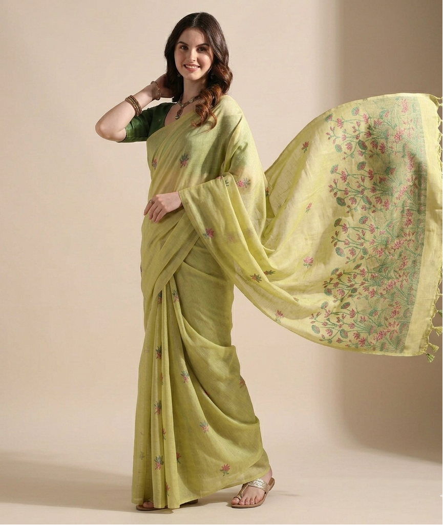 Light Green Floral Print Cotton Blended Saree