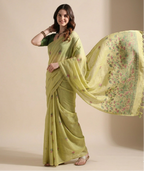 Light Green Floral Print Cotton Blended Saree