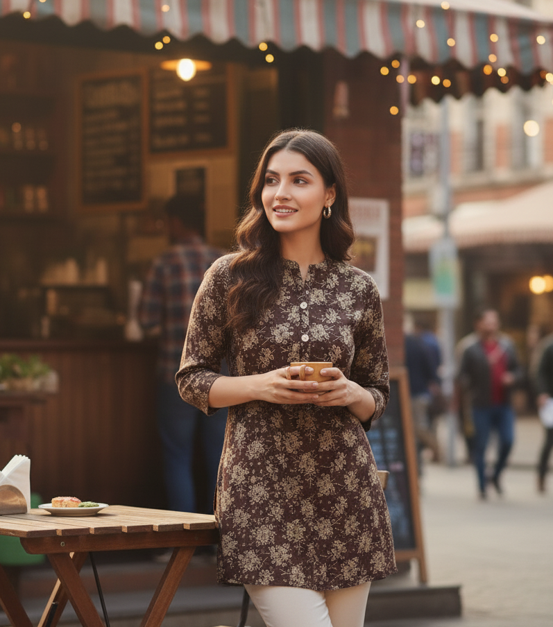 Brown Floral Short Kurta