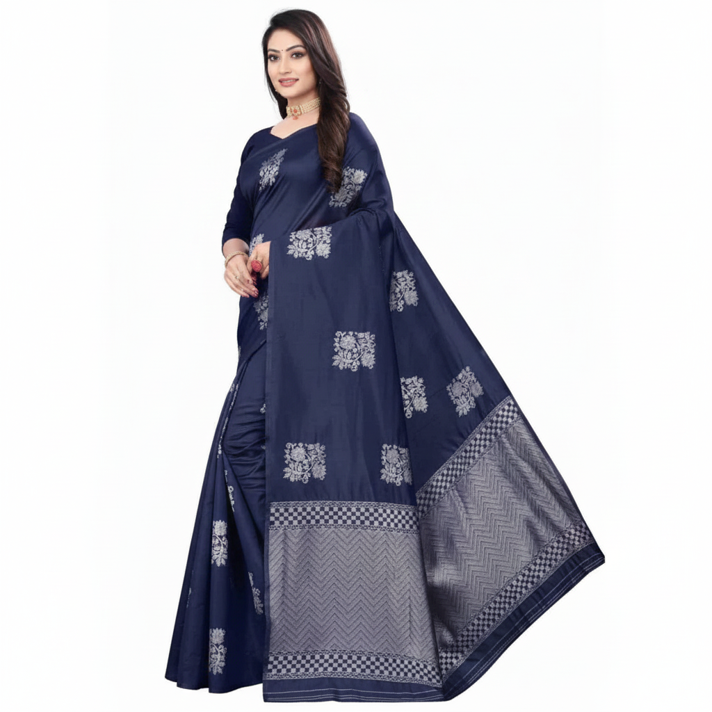 Printed Navy Blue Silk Saree