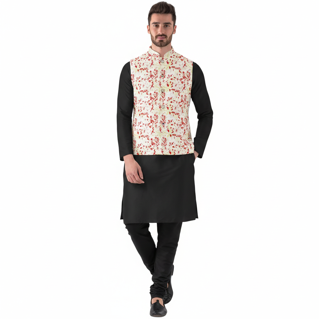 Red-Beige Jacquard Printed Waistcoat