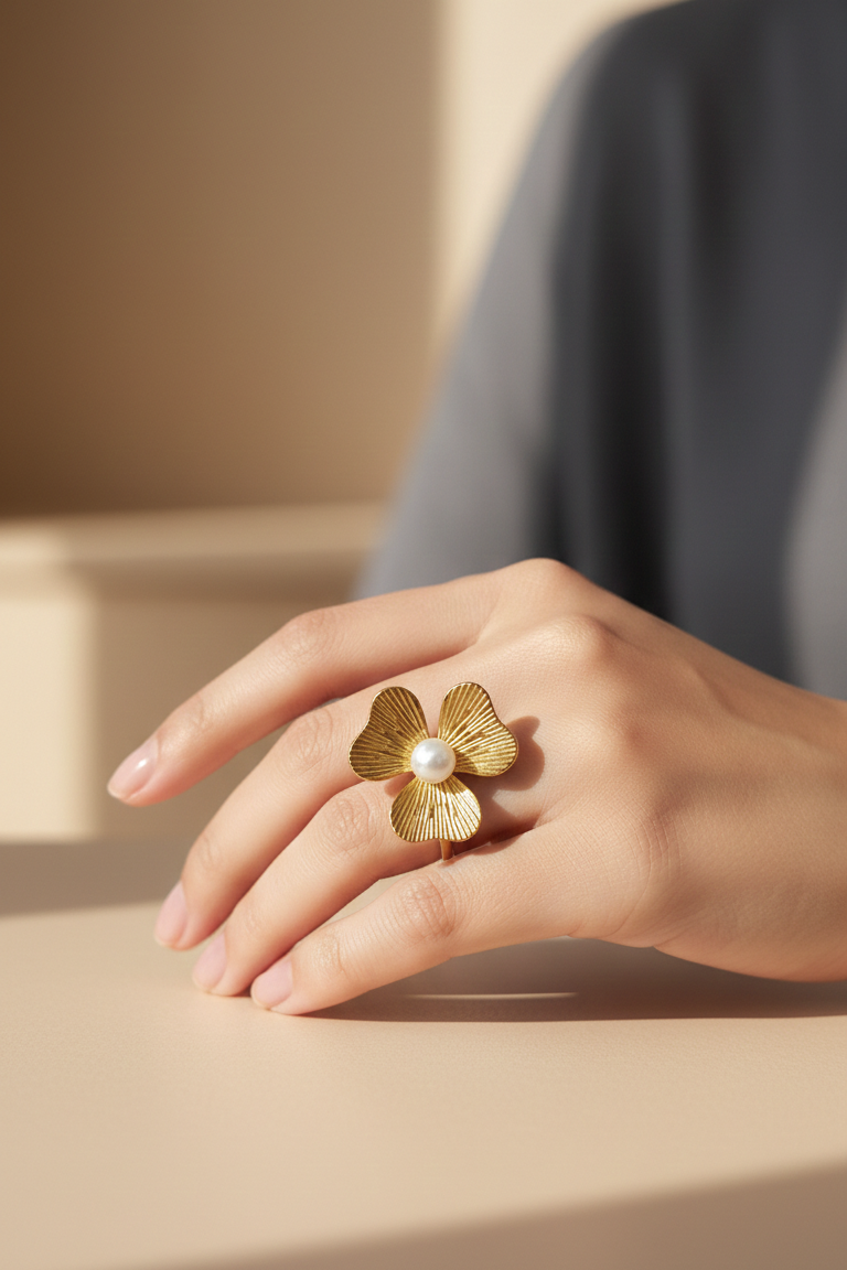 Elegant Gold Flower Pearl Ring
