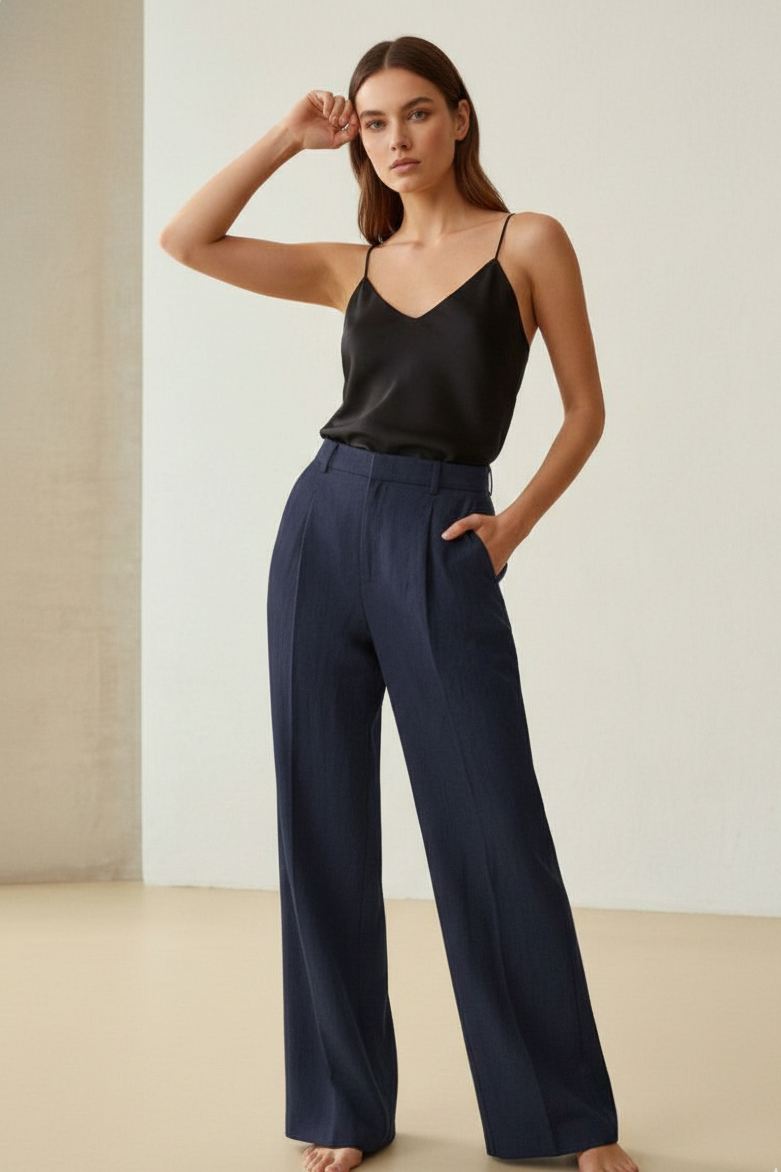 Wide-Leg Navy Linen Trousers