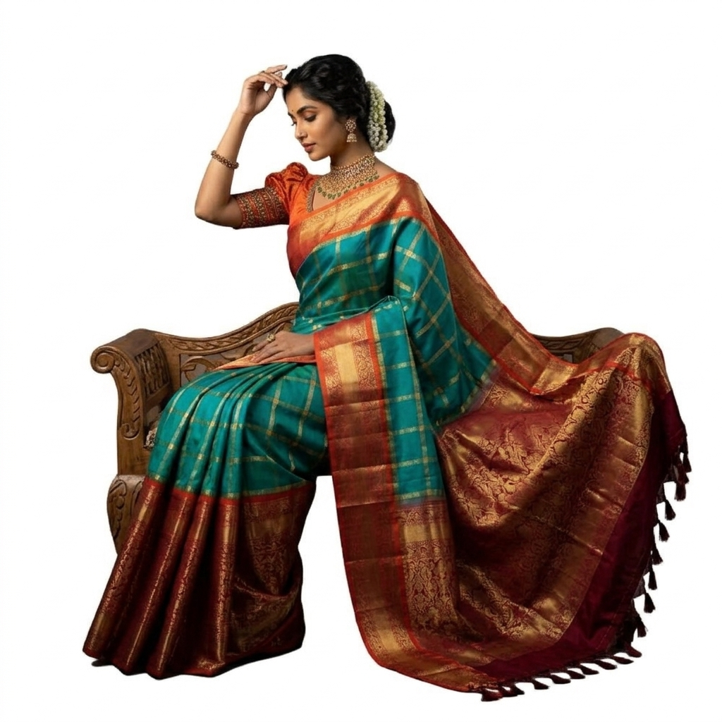 Orange & Teal Silk Saree