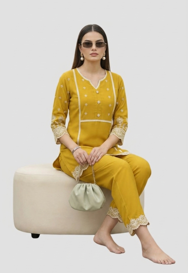 Yellow Artisan Embroidered Co-Ords