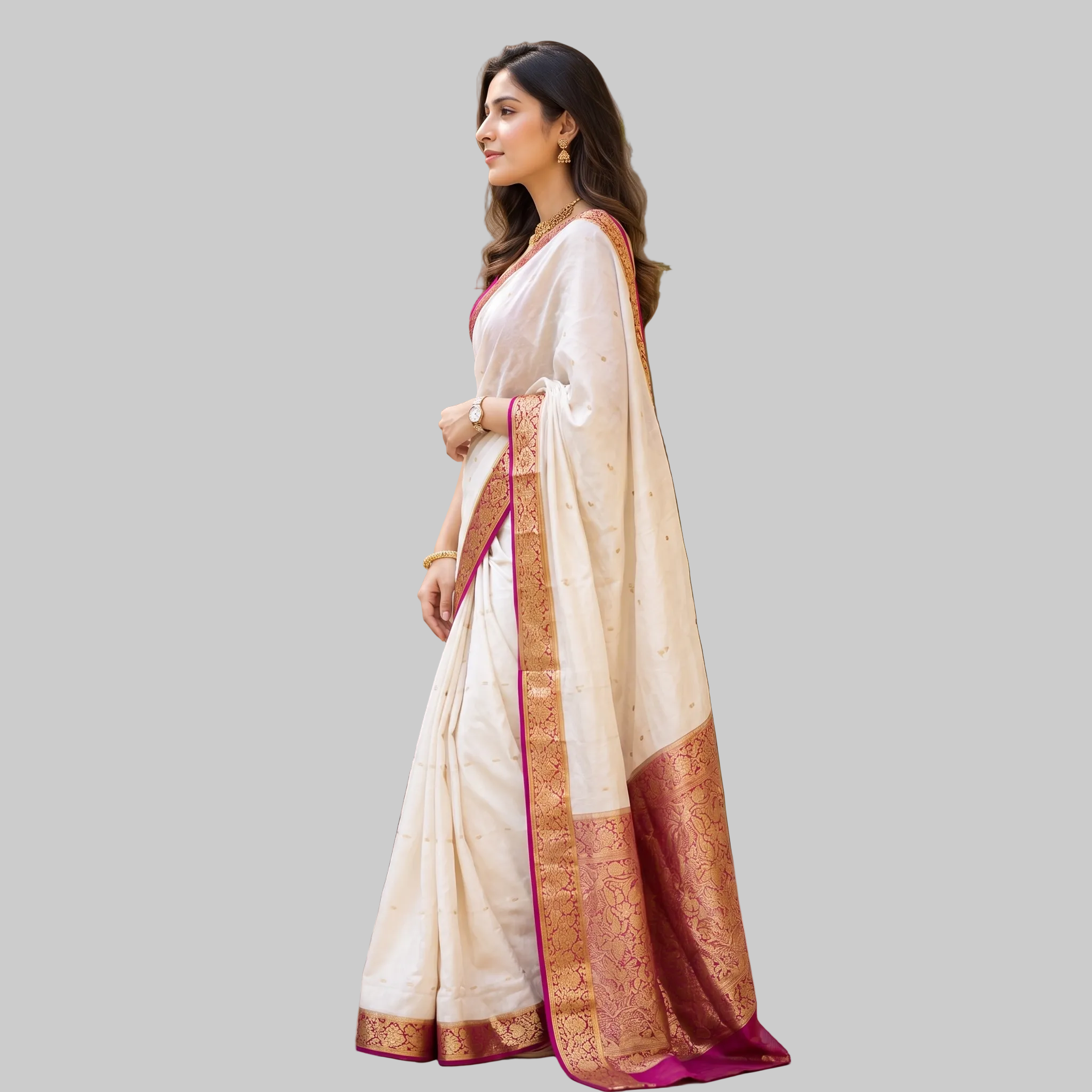 Elegant Off-White & Pink Silk Saree