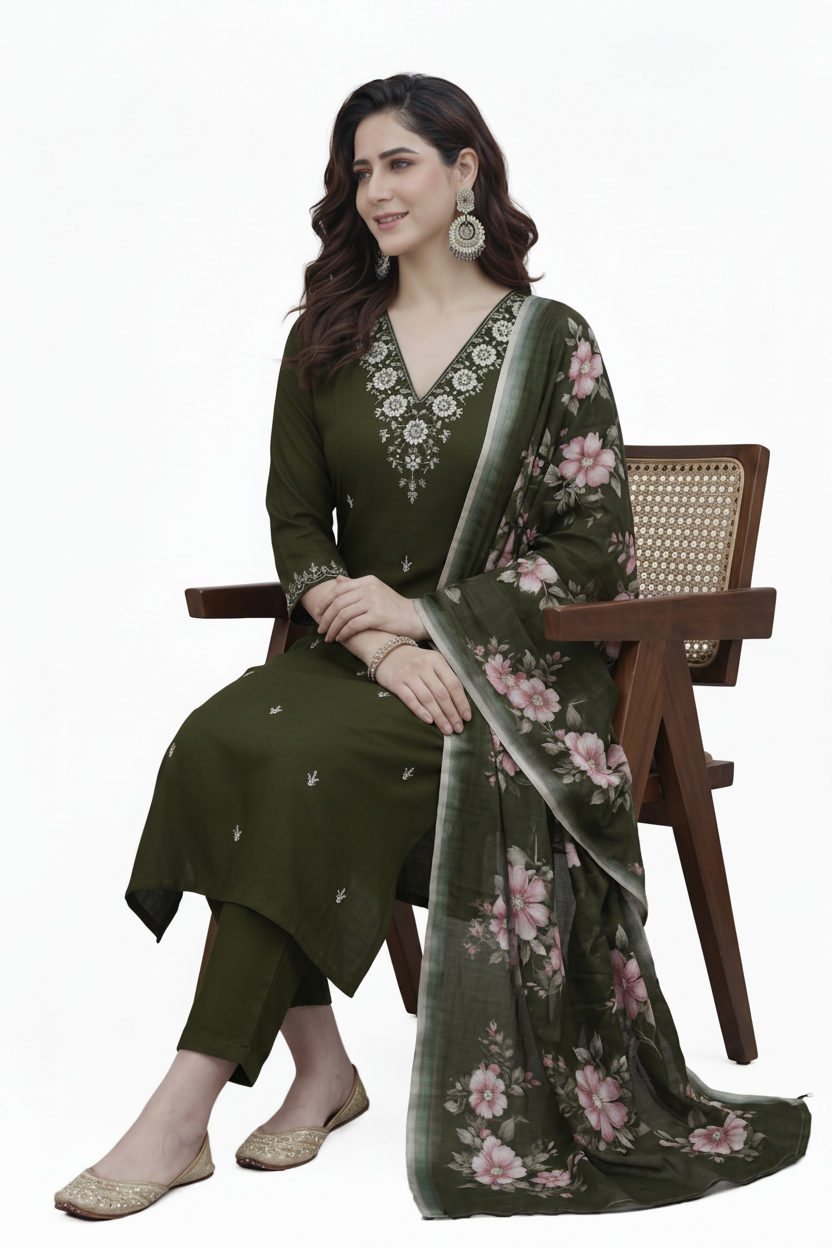 Hena Green Floral Print Salwar Suit