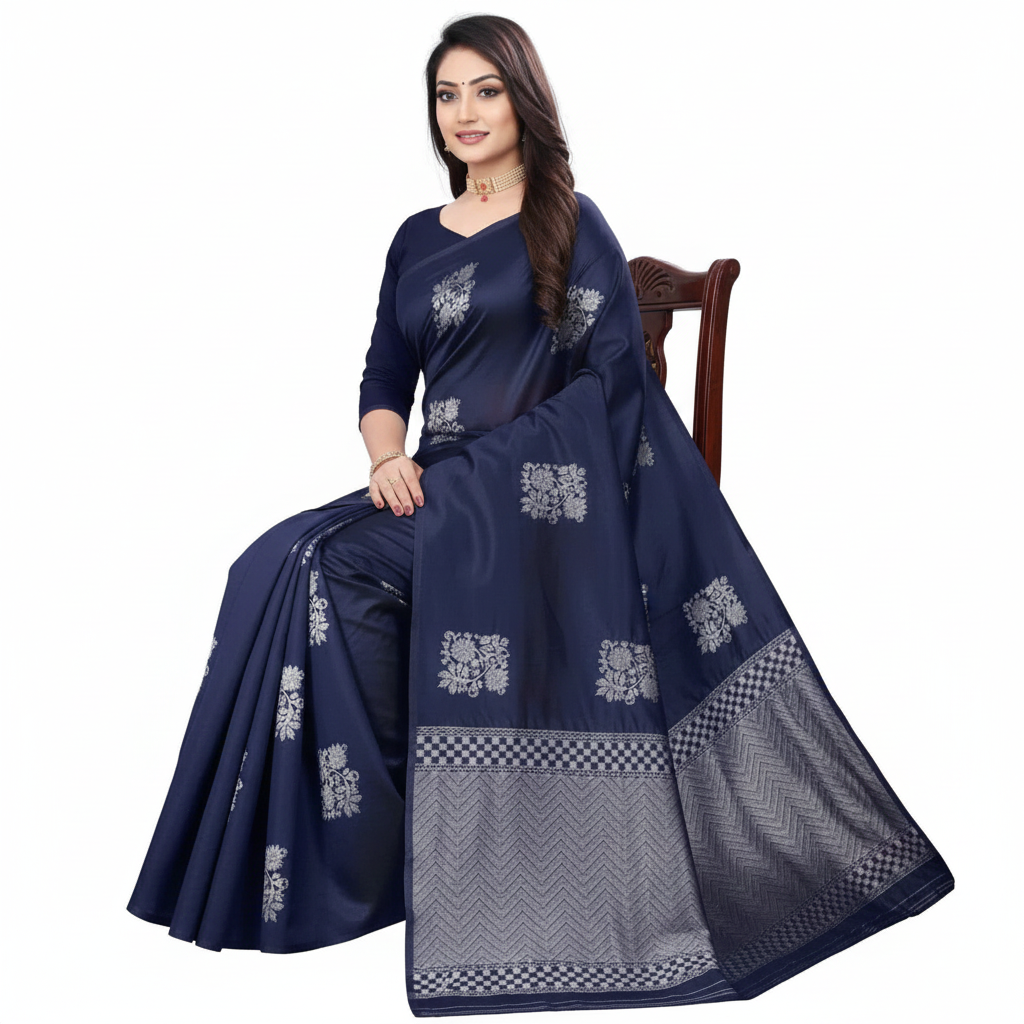 Printed Navy Blue Silk Saree