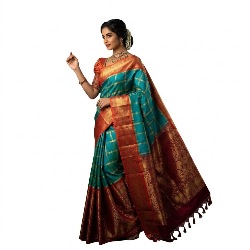 Orange & Teal Silk Saree