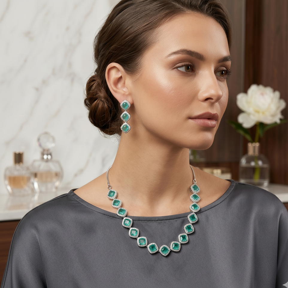 Teal Cushion Halo Necklace Set