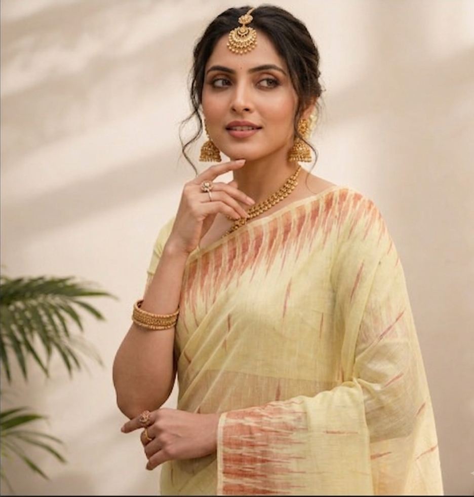 Yellowish-Cream Linen Cotton Saree