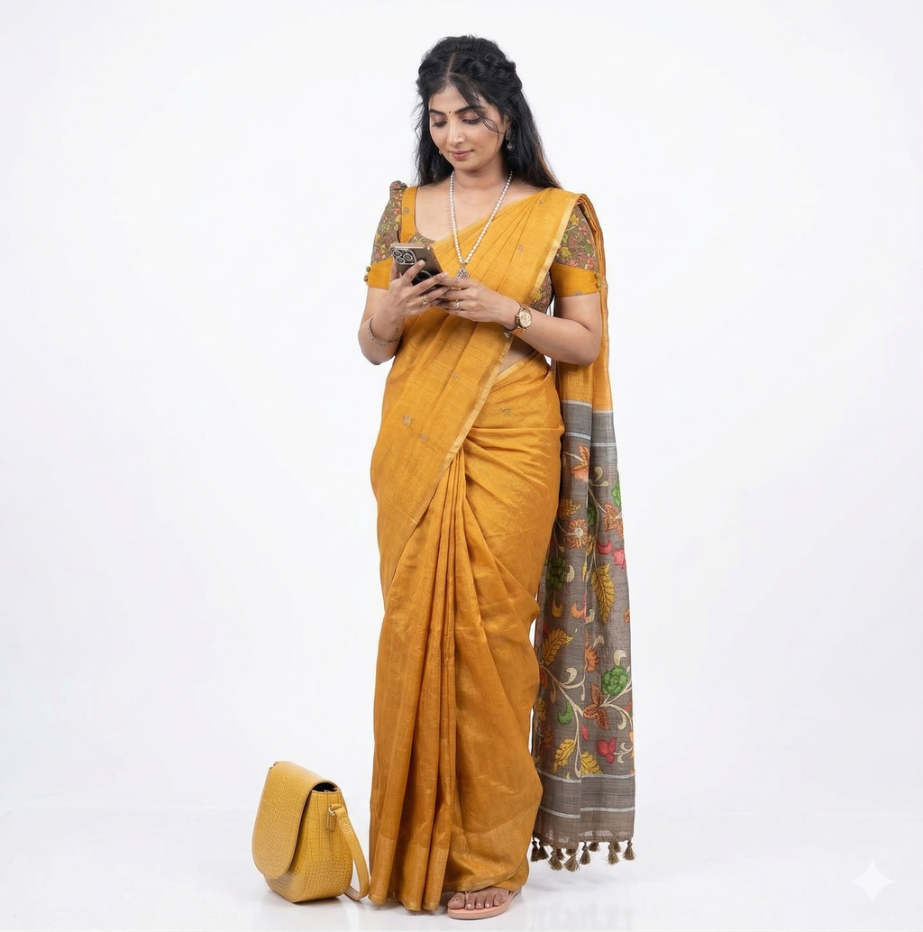 Mustard Yellow Linen Saree