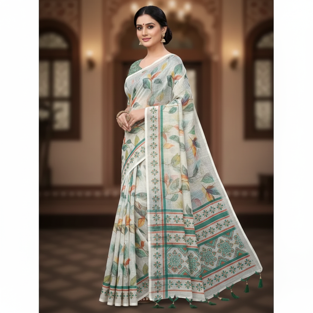 Green Linen Cotton Saree