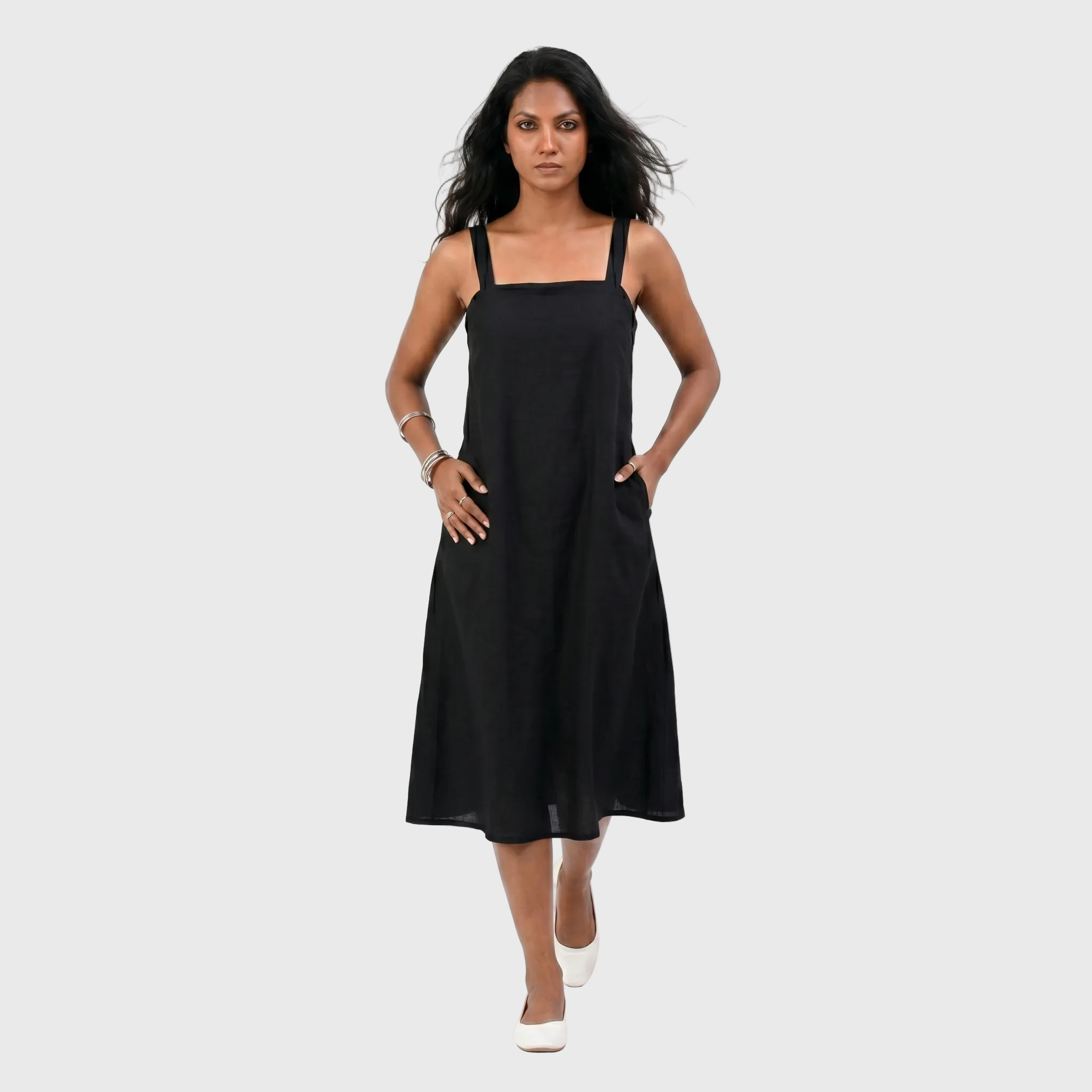 Black Cotton Midi Dress