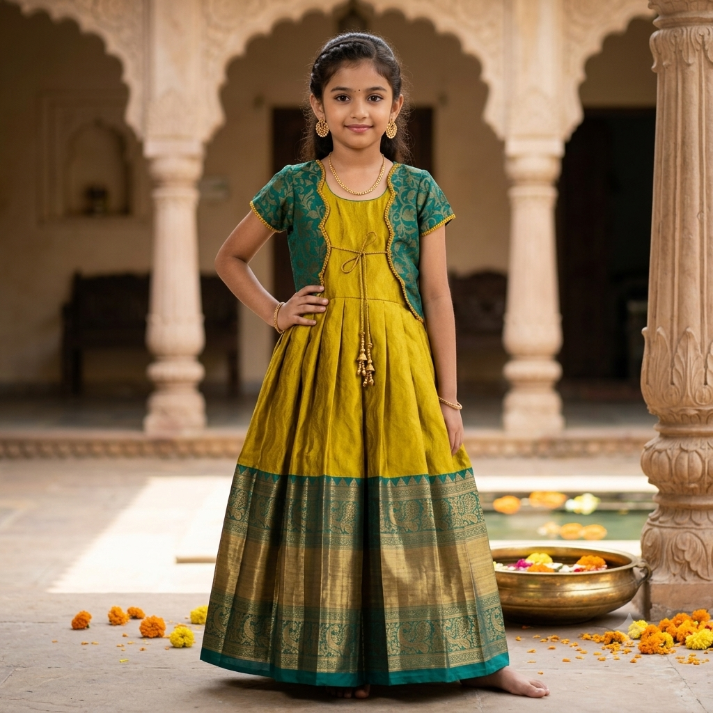 Kids traditional Mustard Frock & Jacket Set
