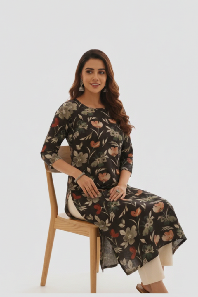 Black Floral Printed Kurta