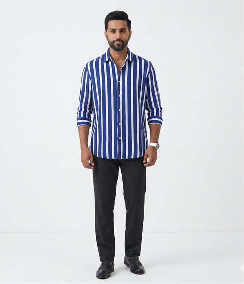 Cotton Blended Shirt (White-Blue)