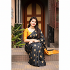 Black & Yellow Silk Printed Saree