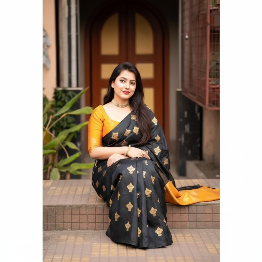Black & Yellow Silk Printed Saree