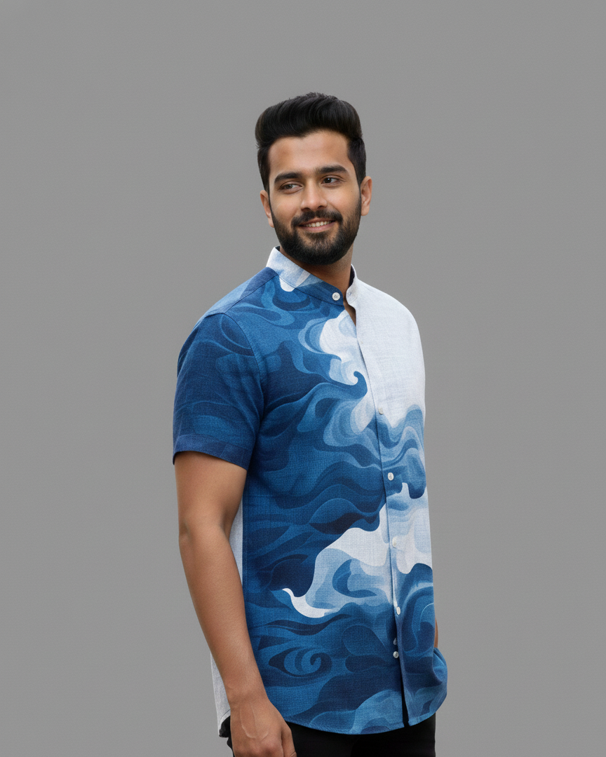 Wave Print Band Collar Shirt