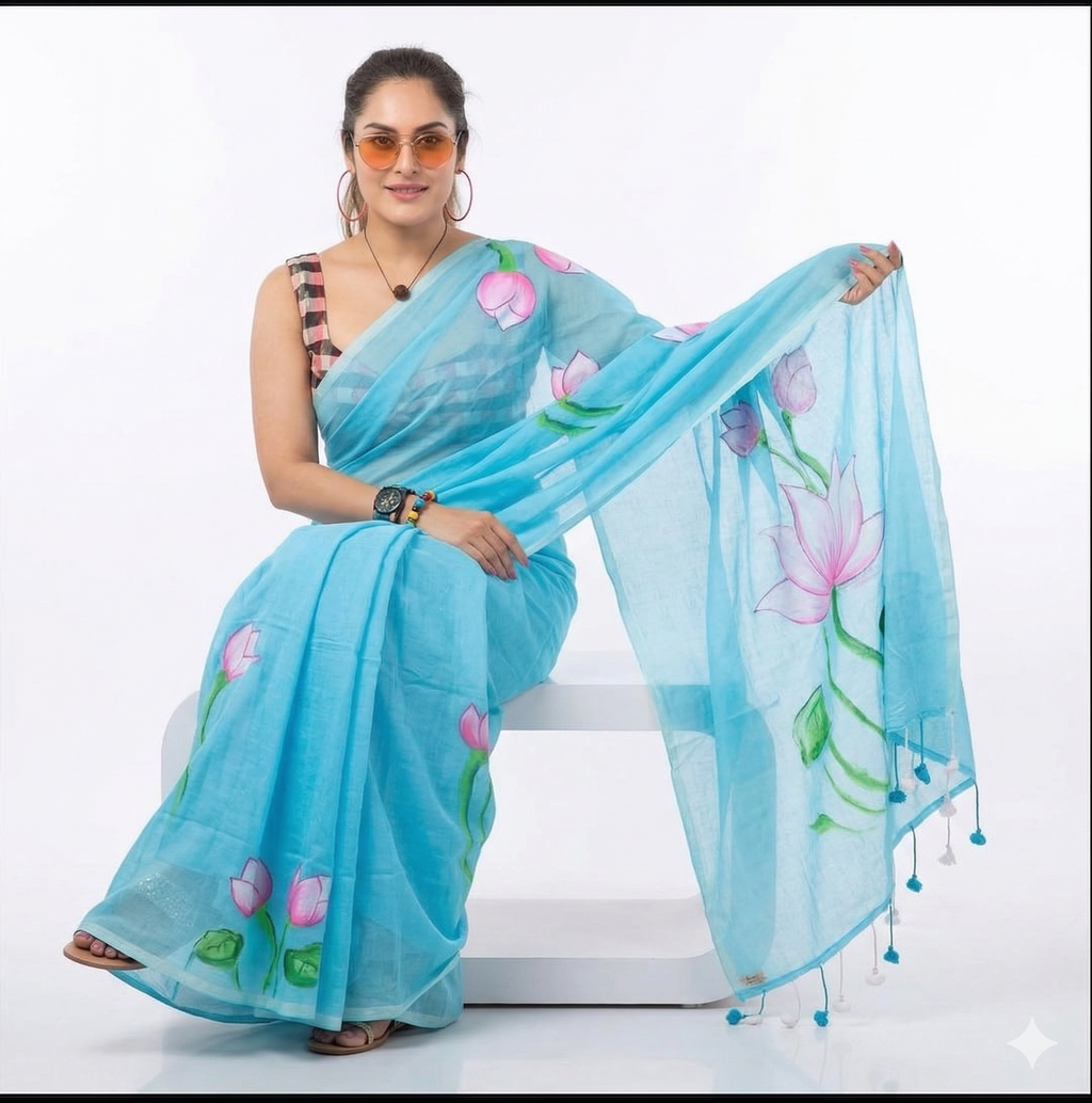 Sky Blue Linen Printed Saree