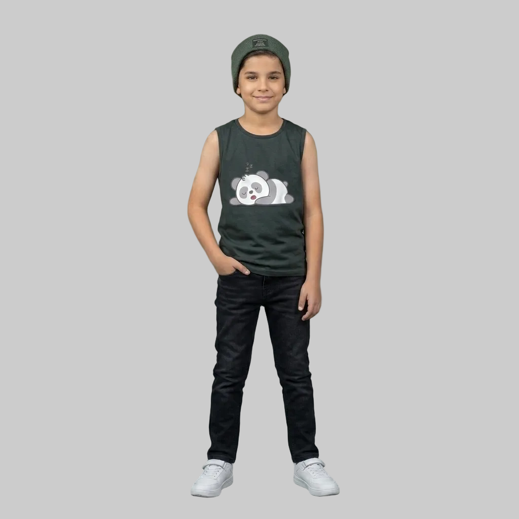 Charcoal Green Panda Sleeveless Tee