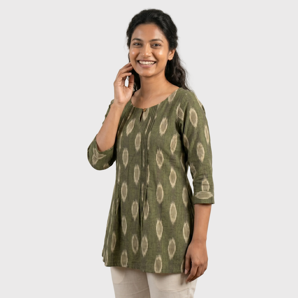 Olive Green Ikat Pleated Tunic