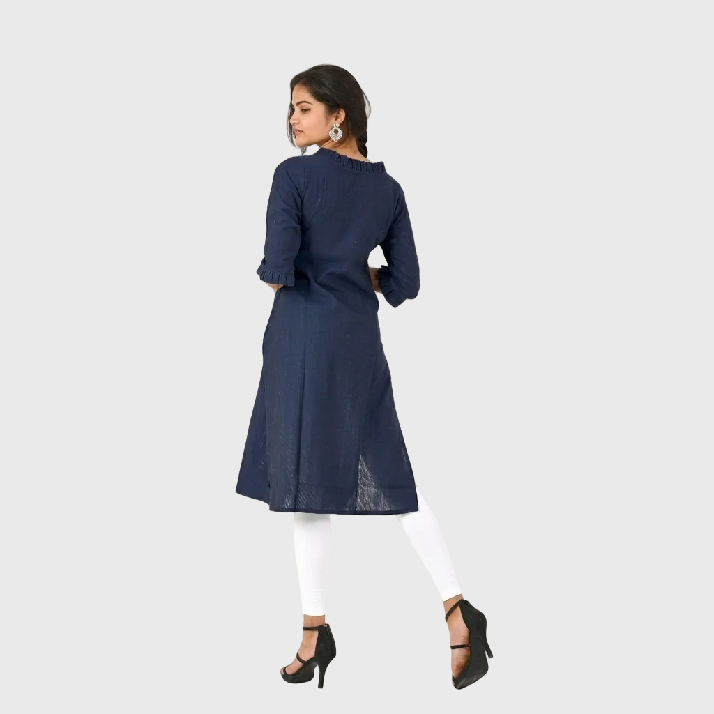 Navy Ruffle-Neck Kurta