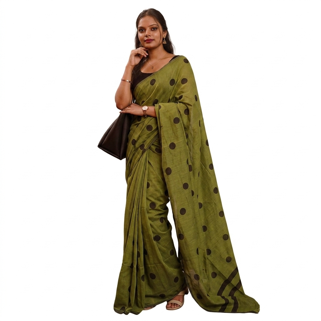Olive Green Polka Dot Linen Saree
