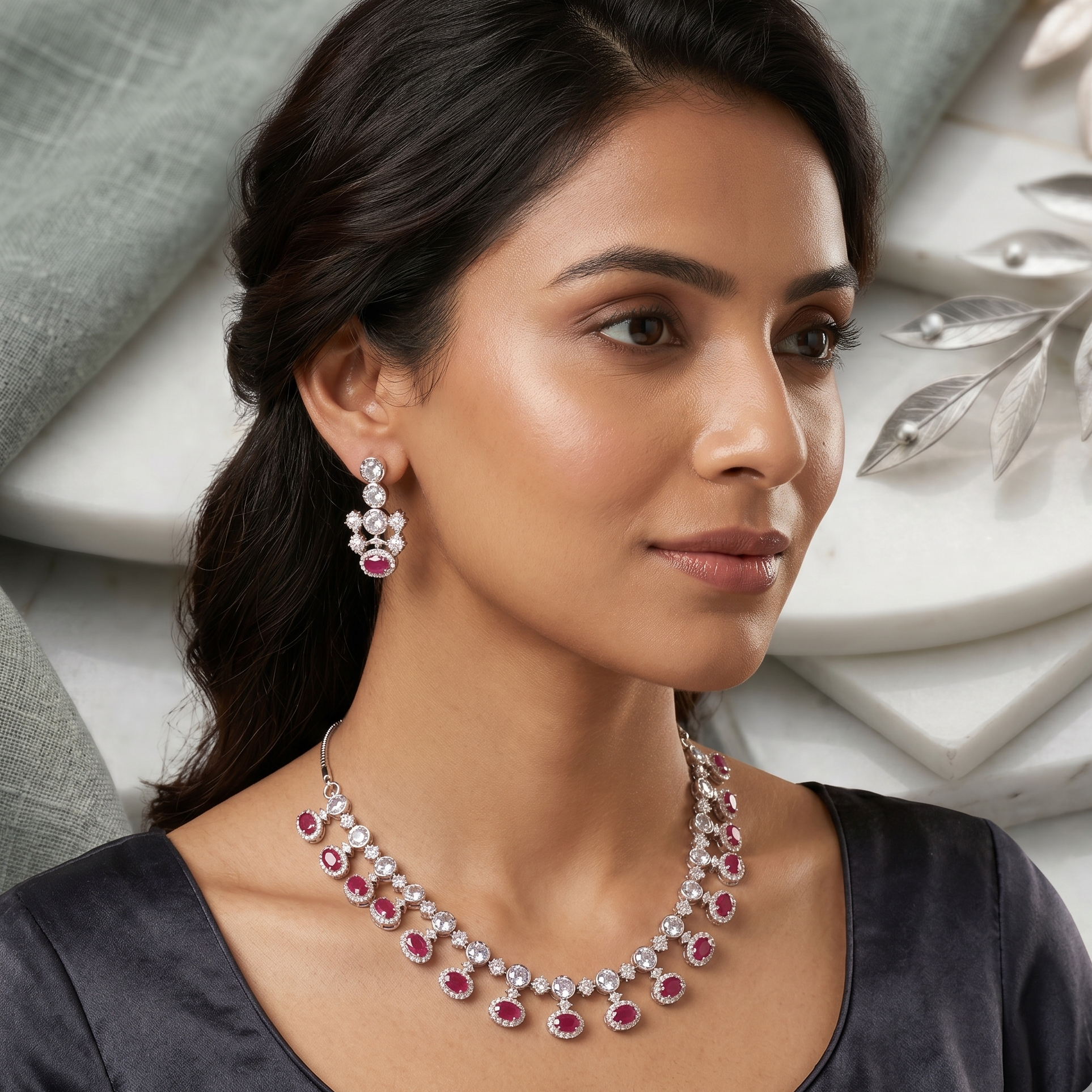 Ruby-Rose Halo Necklace Set