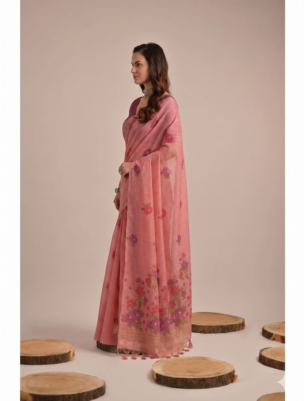 Blush Pink Floral Cotton Saree