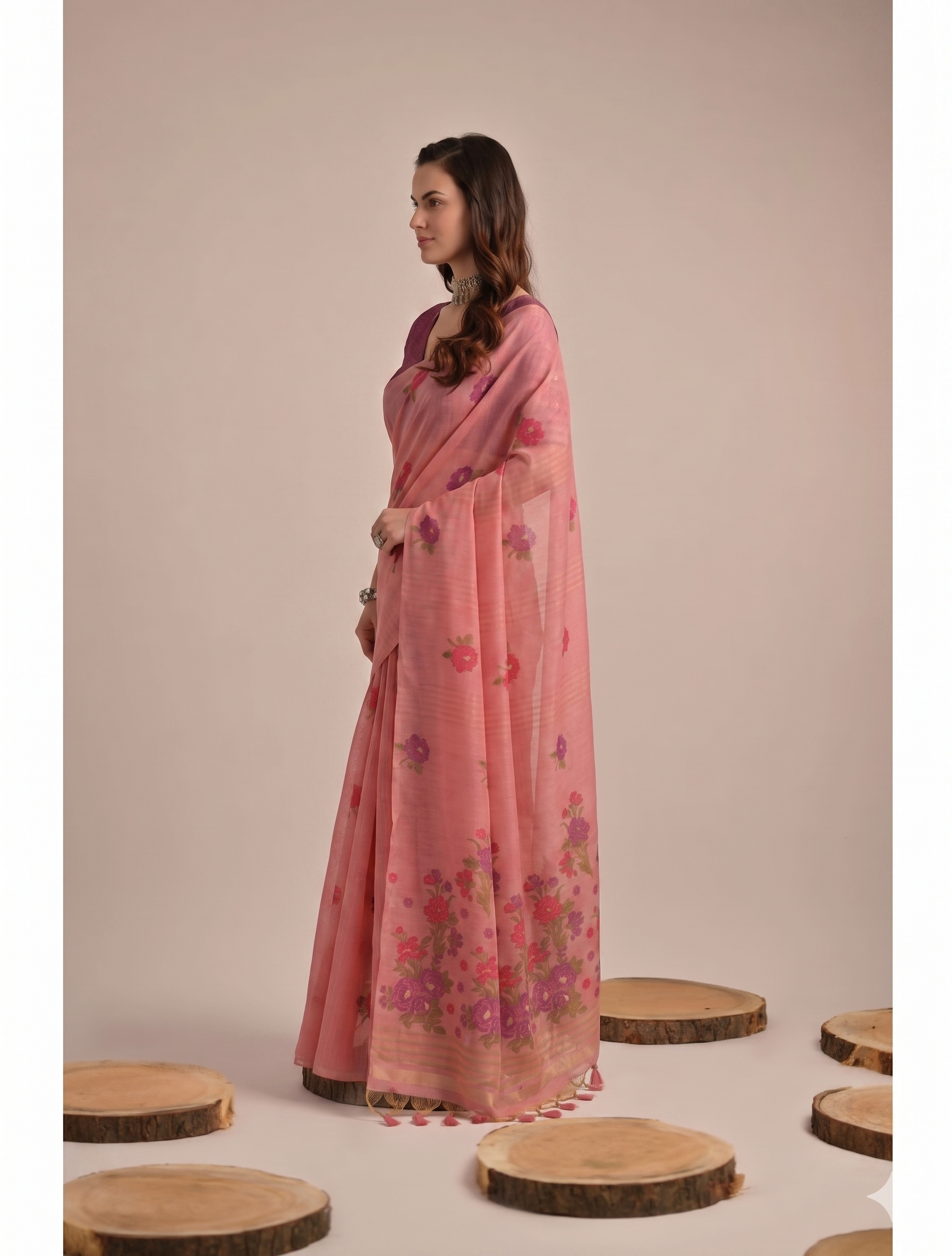 Blush Pink Floral Cotton Saree