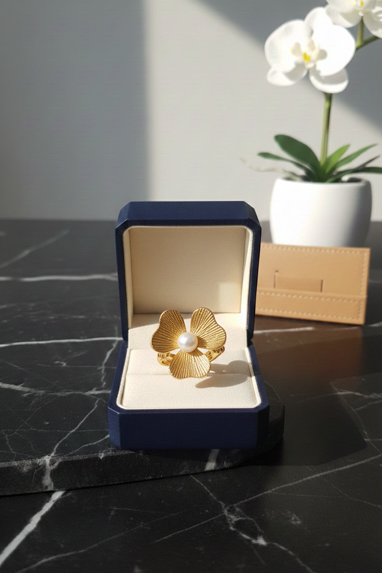 Elegant Gold Flower Pearl Ring