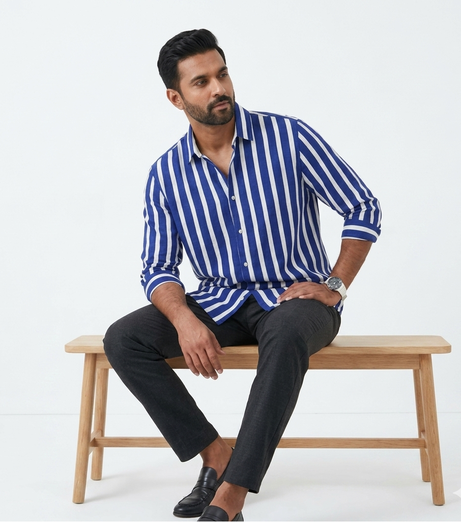 Cotton Blended Shirt (White-Blue)