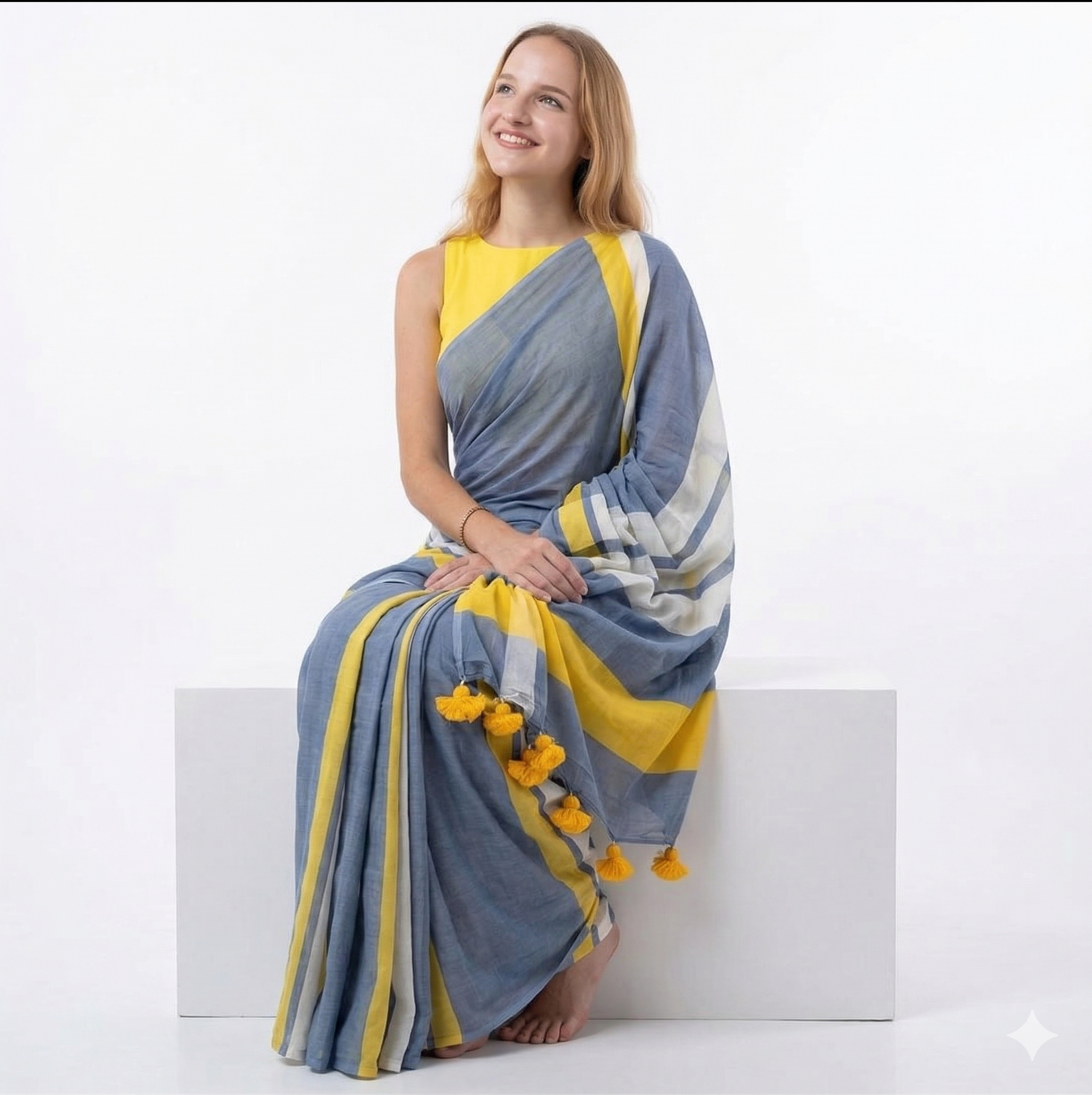 Blue Linen Printed Saree