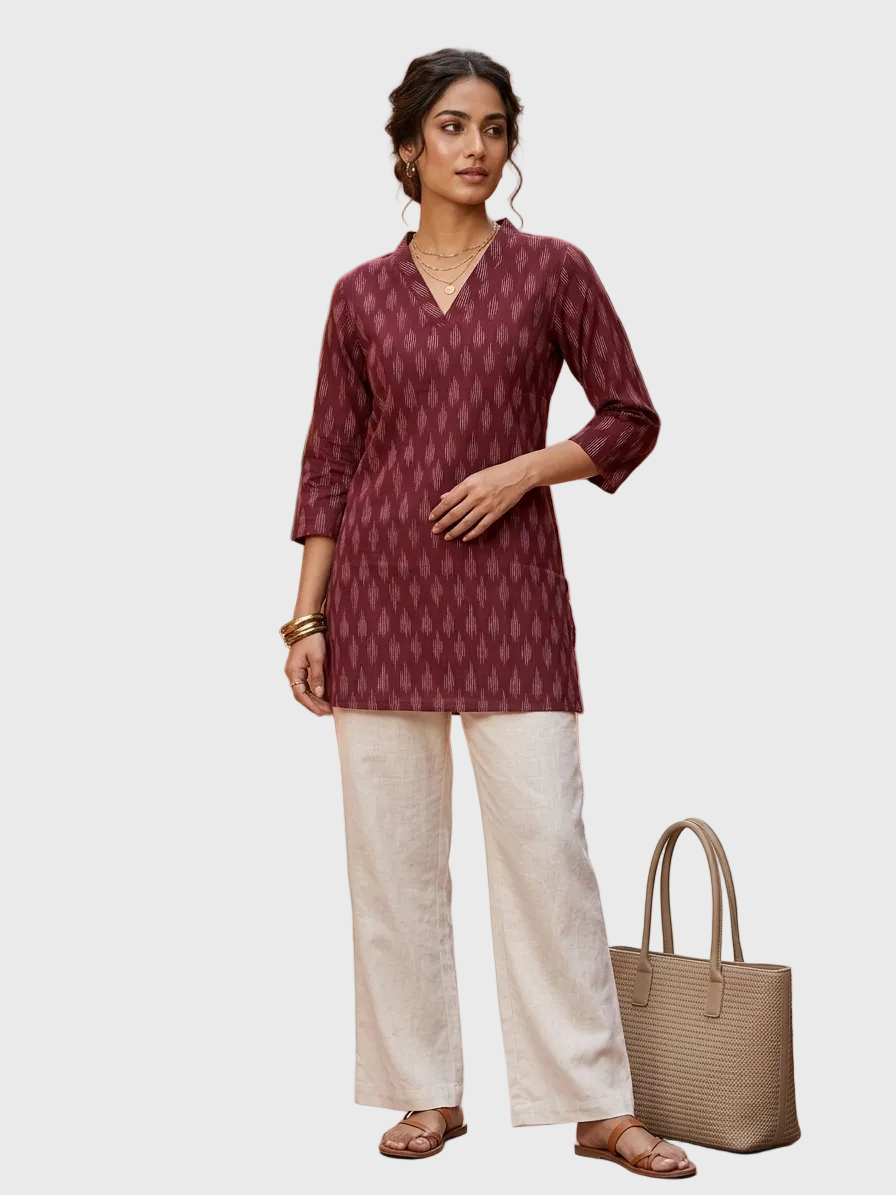 Maroon Ikat Print Cotton Tunic
