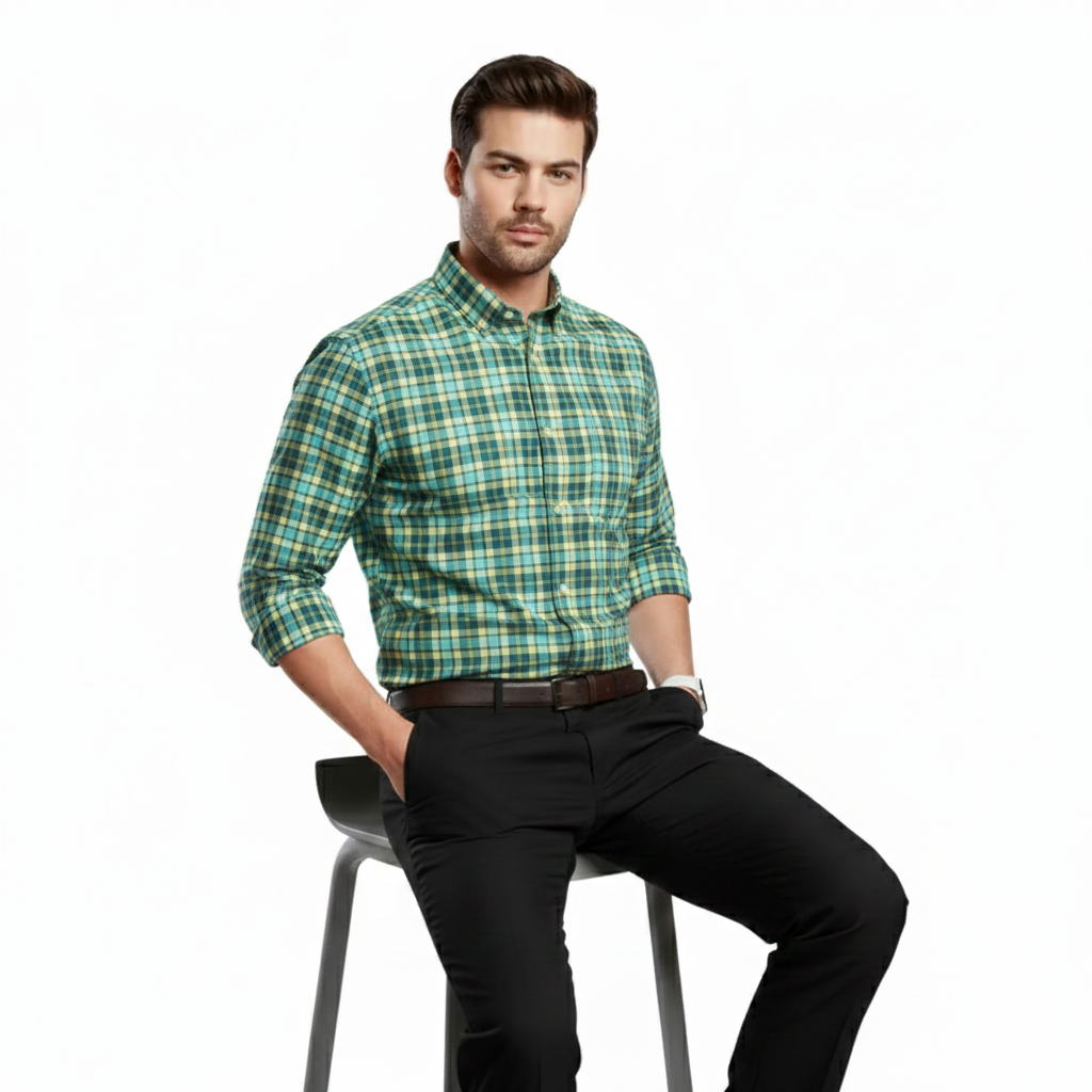 Men’s Teal & Yellow Plaid Shirt