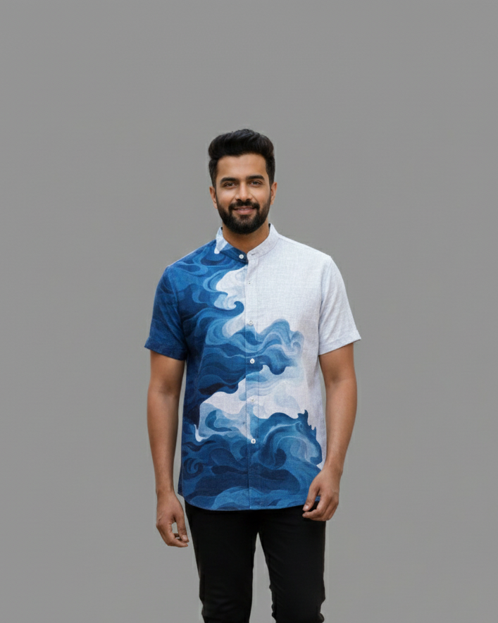 Wave Print Band Collar Shirt