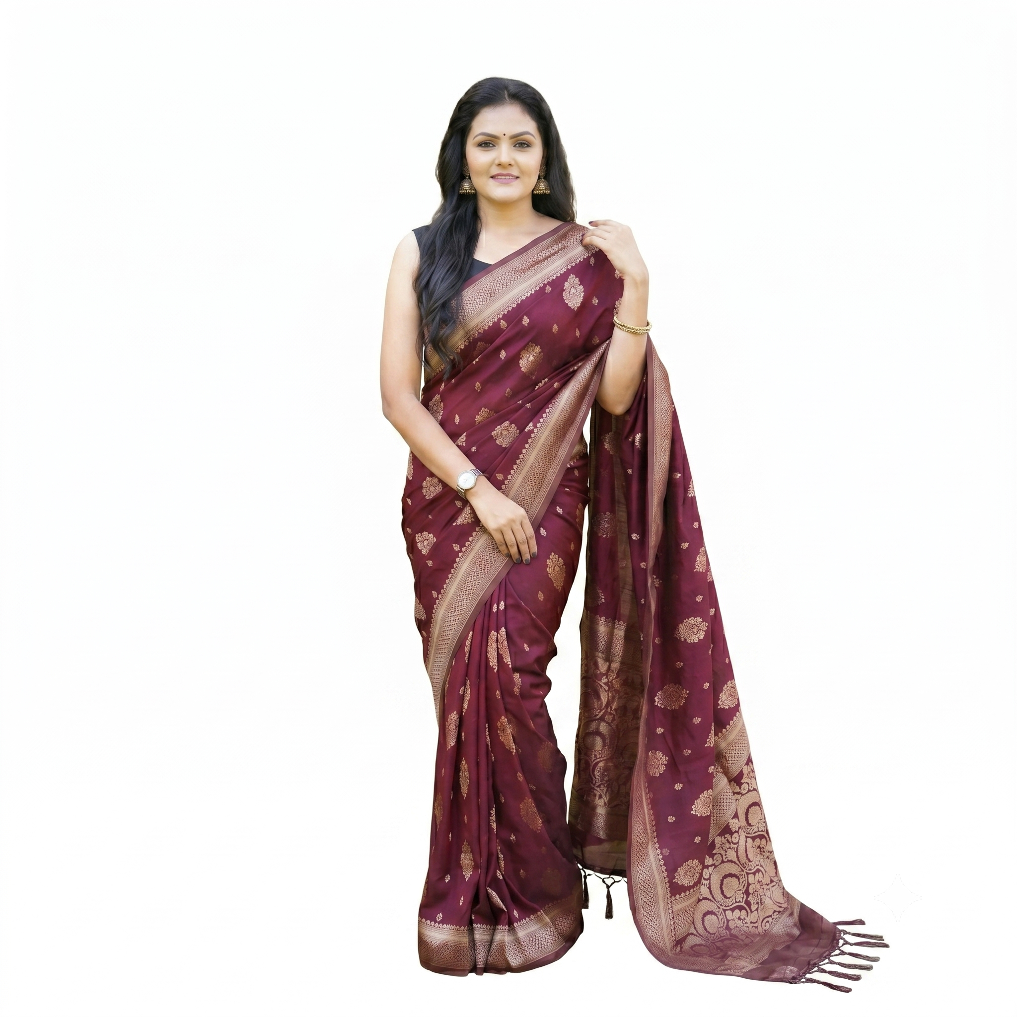 Wine Soft Lichi Silk Printed Saree