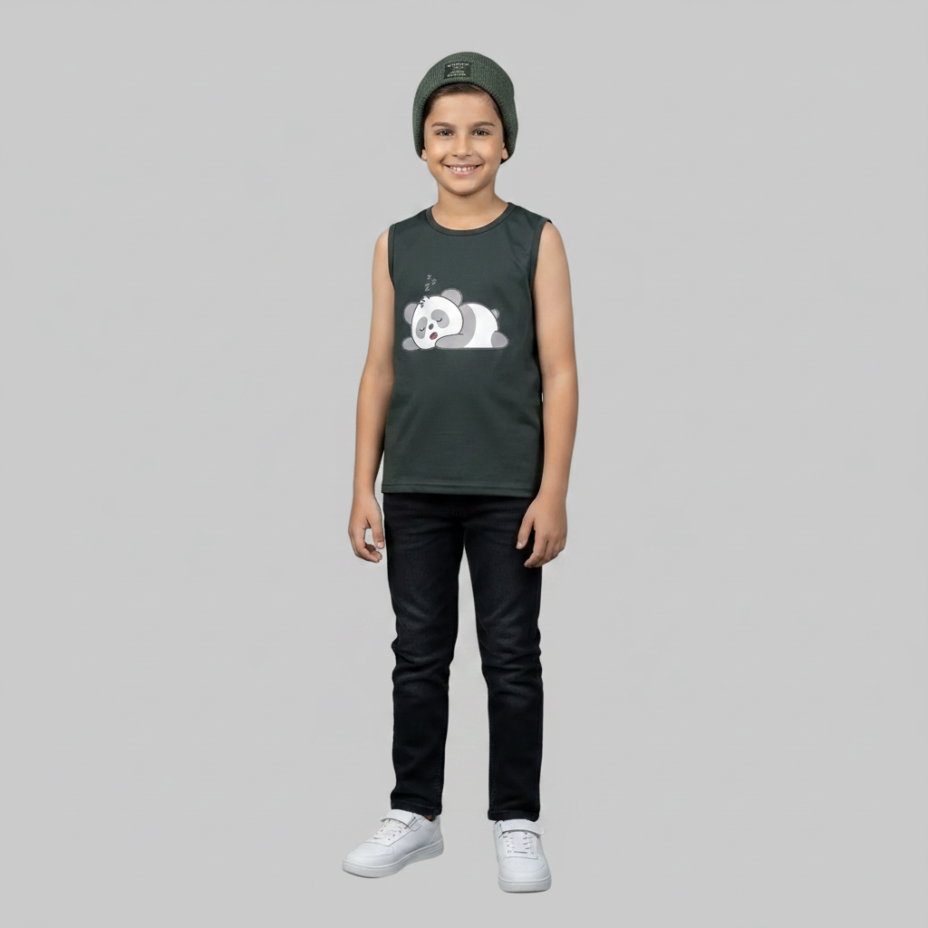 Charcoal Green Panda Sleeveless Tee