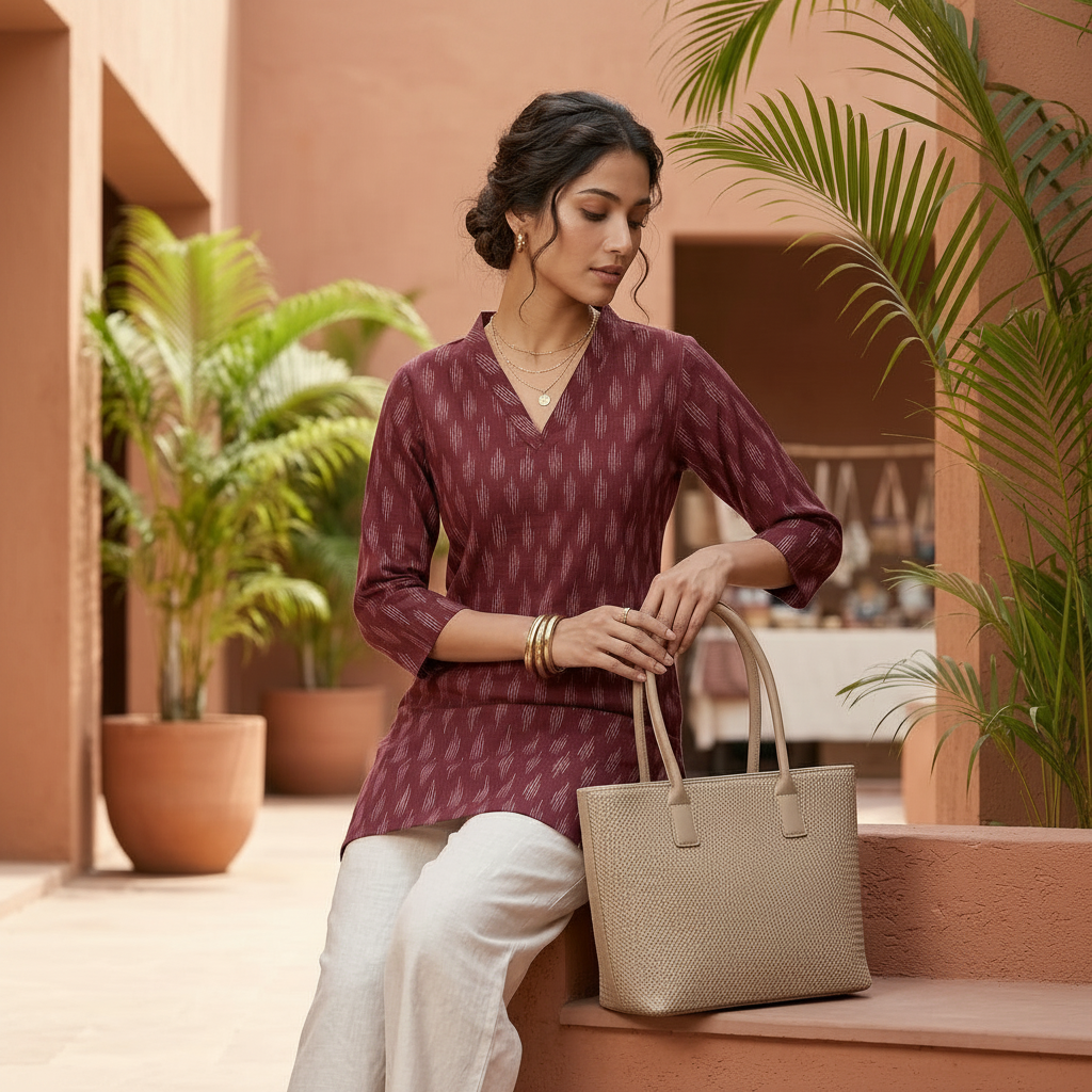 Maroon Ikat Print Cotton Tunic