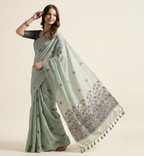 Aqua-Blue Floral Print Cotton Blended Saree