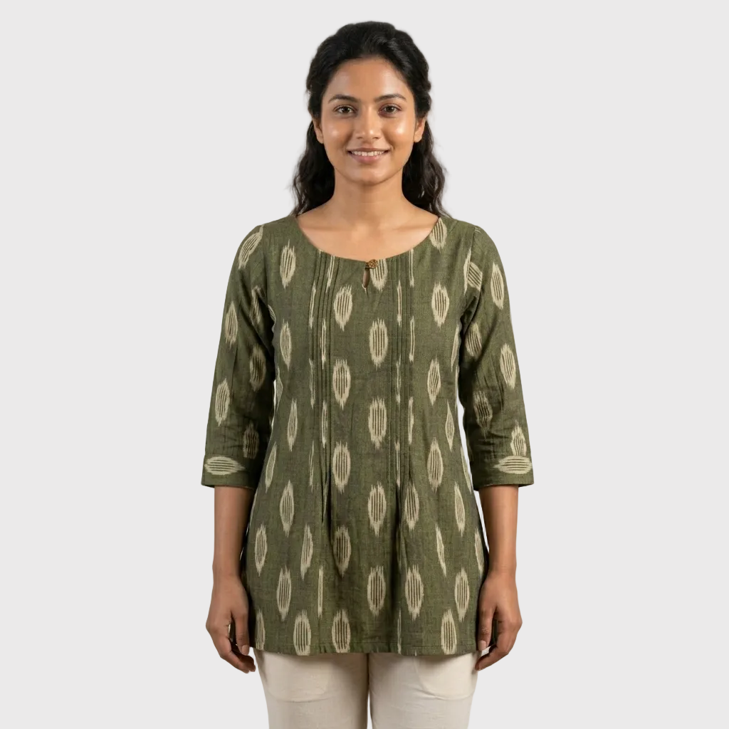 Olive Green Ikat Pleated Tunic