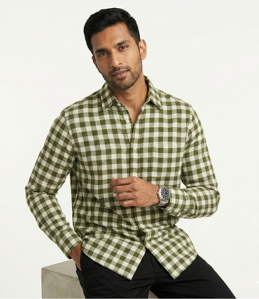 Men's Green Cotton Blended Shirt