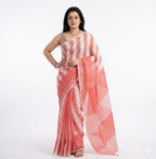 Peach and White Striped Linen Saree