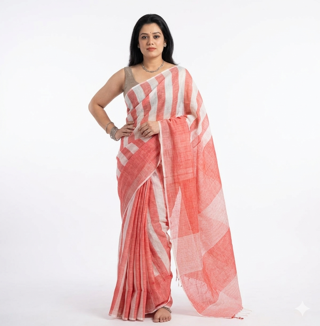 Peach and White Striped Linen Saree