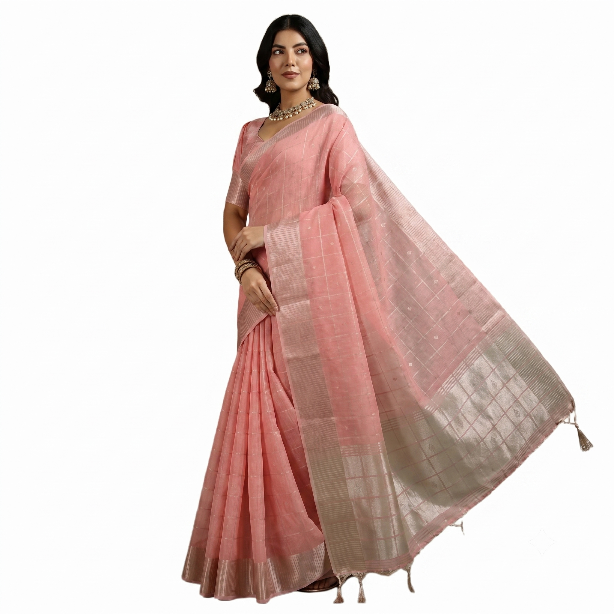 Peach Tissue Checks Saree