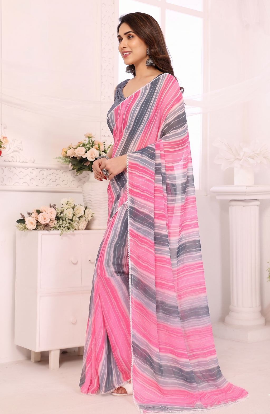 Grey Striped Georgette Saree