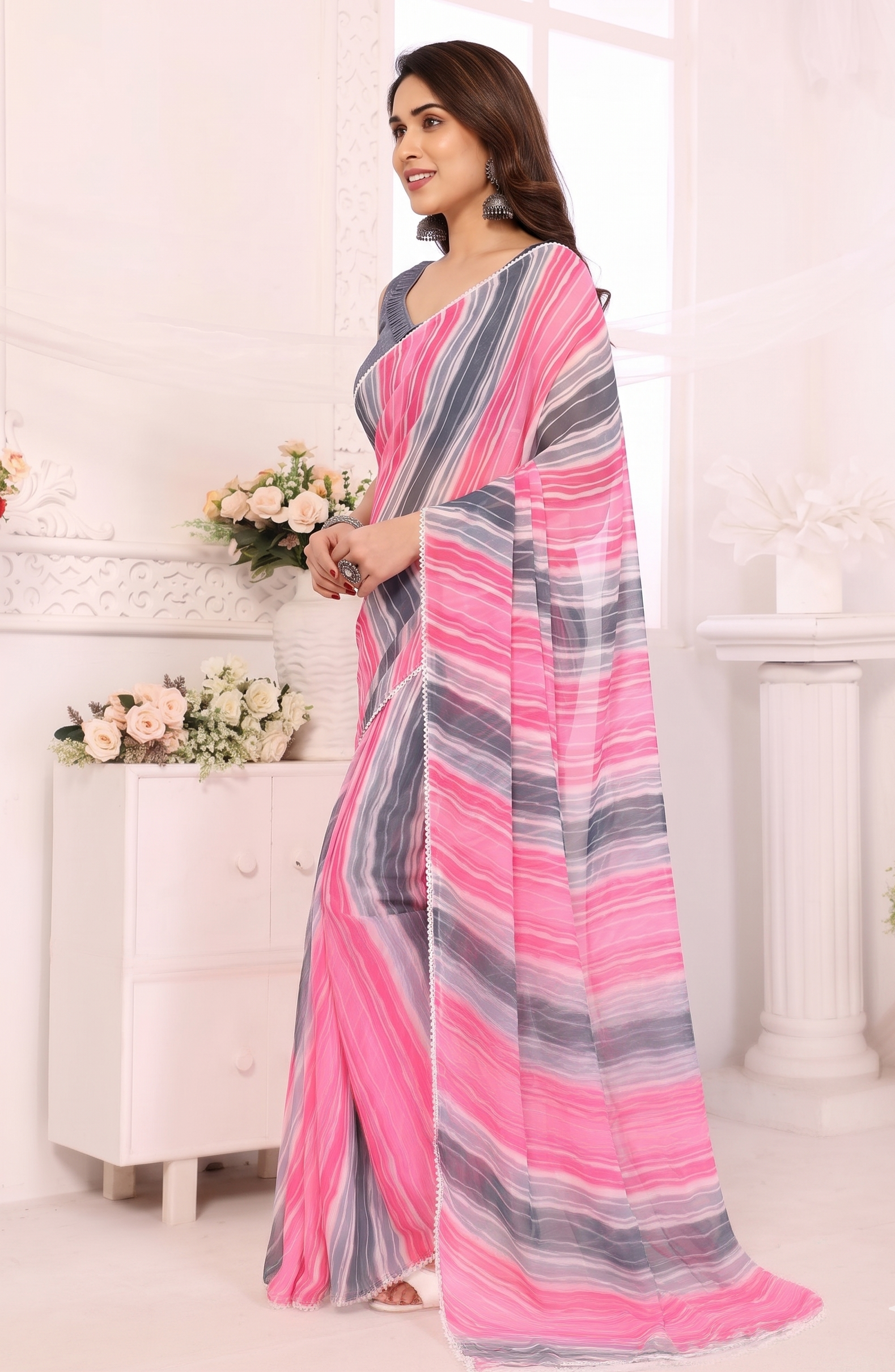 Grey Striped Georgette Saree