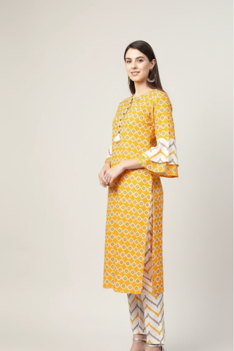 Floral Mustard Cotton Kurti Set